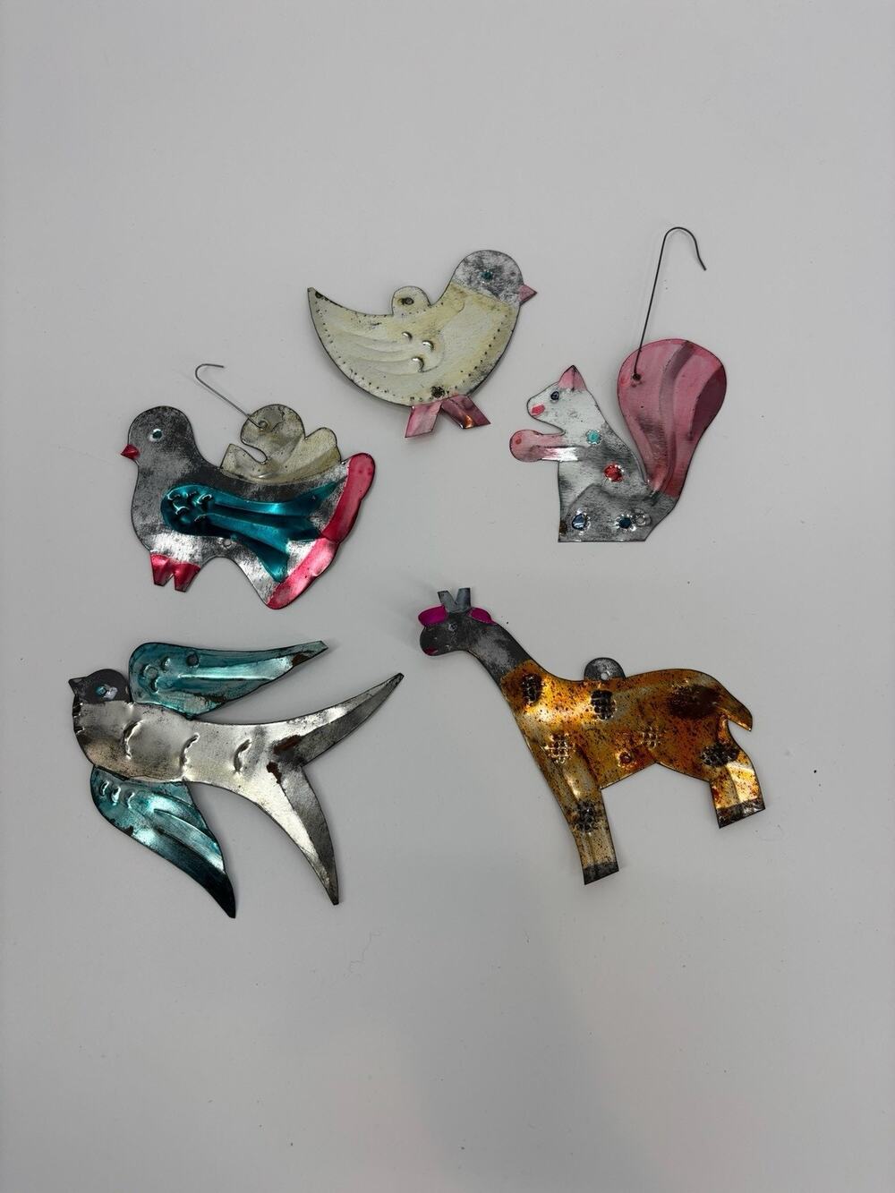 Vintage Hand Painted Mexican Tin Christmas Ornaments Art Lot of 5